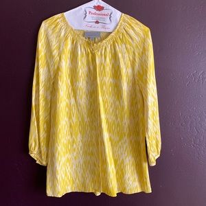 100% silk blouse yellow and white print :